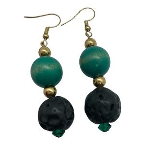 Vintage Beads and Black Lava Rock Gemstone Earrings